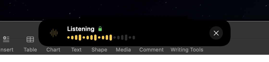 The real Uttra island listening beneath the Mac display notch with its local-processing lock and live audio meter.